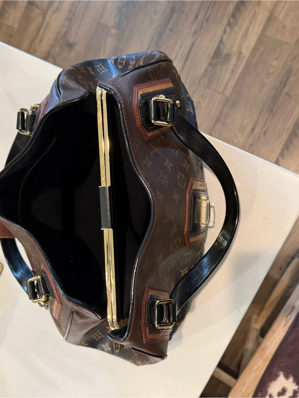 Louis Vuitton Monogram Canvas Duffel with Black Center Strap & Tan Trim